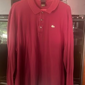 Men’s Lacoste maroon long sleeve polo 3 button shirt. In great condition.